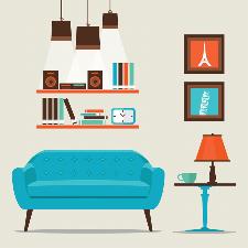 a living room, sofa and shelves