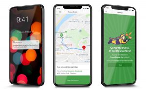 3 phone screens showing the food rescue app