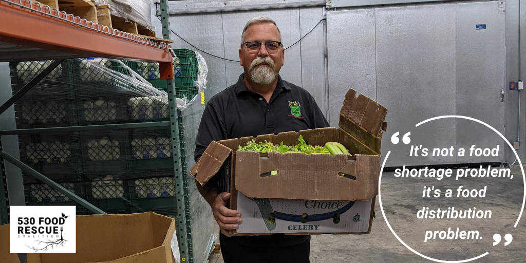 frc-tom-holding-box Tom holding a box of food with the quote, It's not a food shortage problem, it's a food distribution problem.